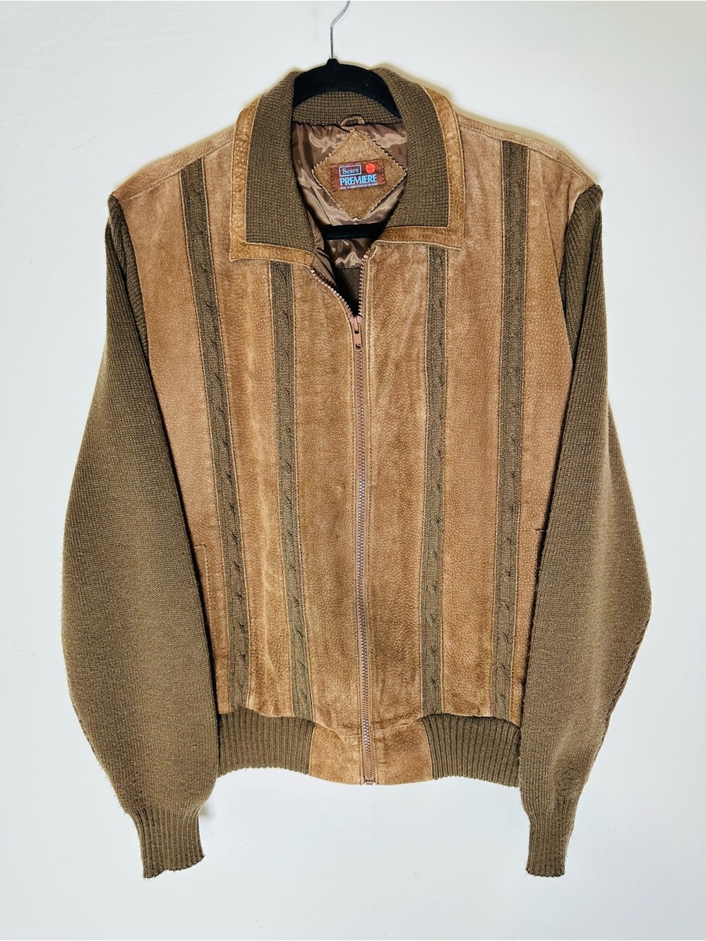 Vintage Sears Premiere Suede Knit Bomber Jacket XL Brown Full Zip 70s Dadcore